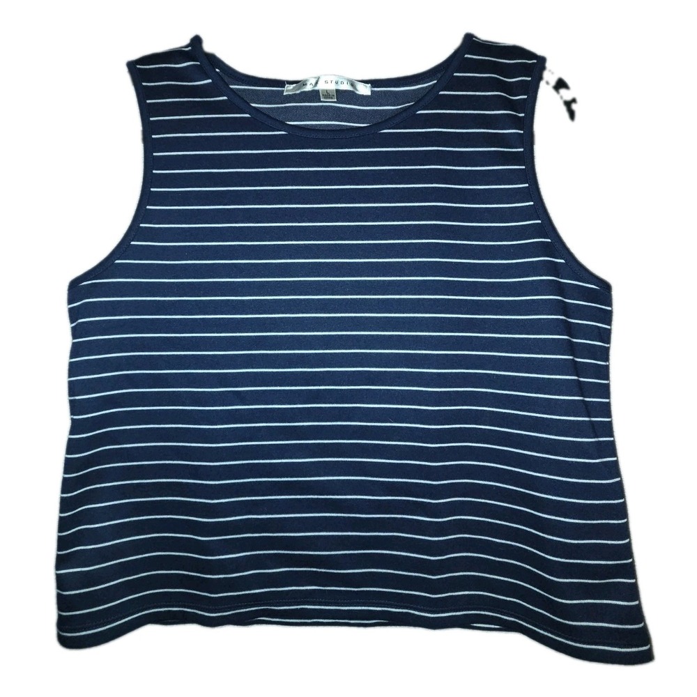 Max Studio Casual Tank Blouse Womens Large Navy Blue White Striped Top Stretch